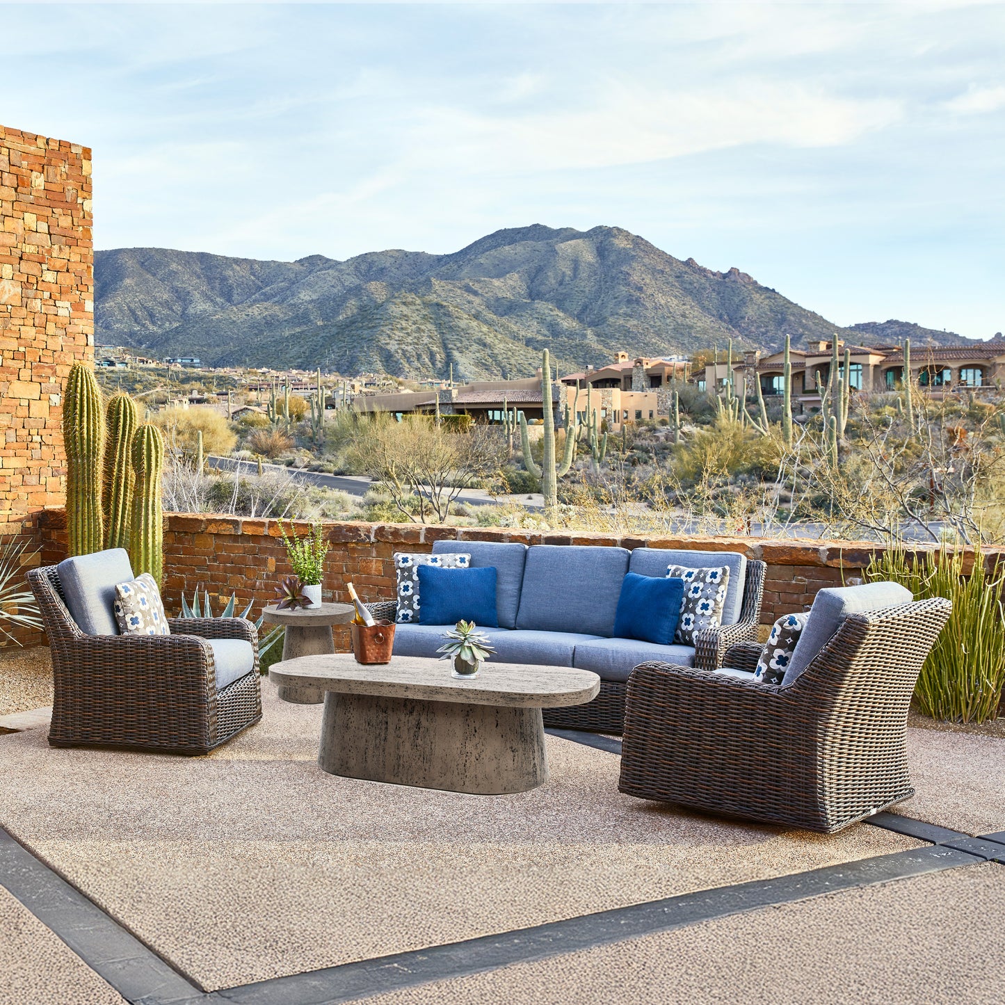 Laurent Seating Set Chestnut Weave Adena Denim Cushions Environmental, image 12