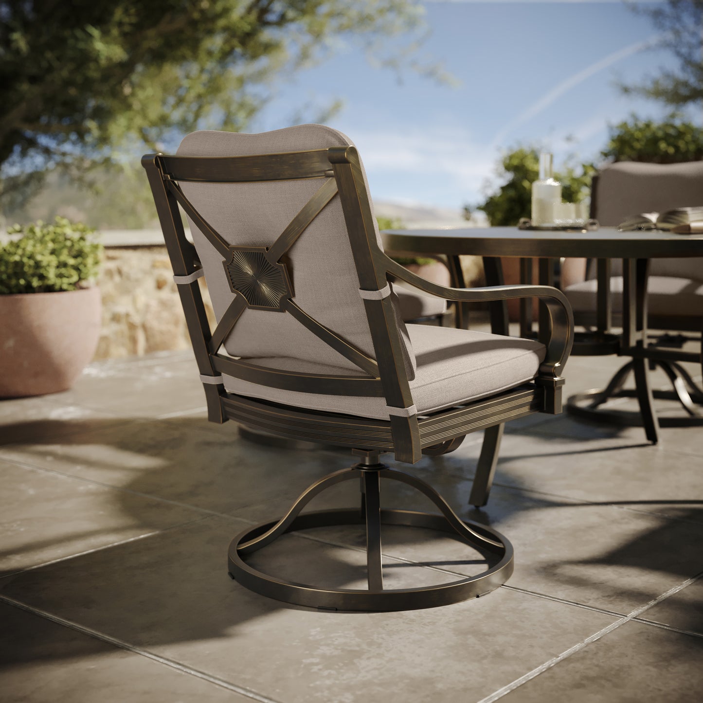 Napili Swivel Dining Chair with Bayside Taupe Cushions Environmental, image 9