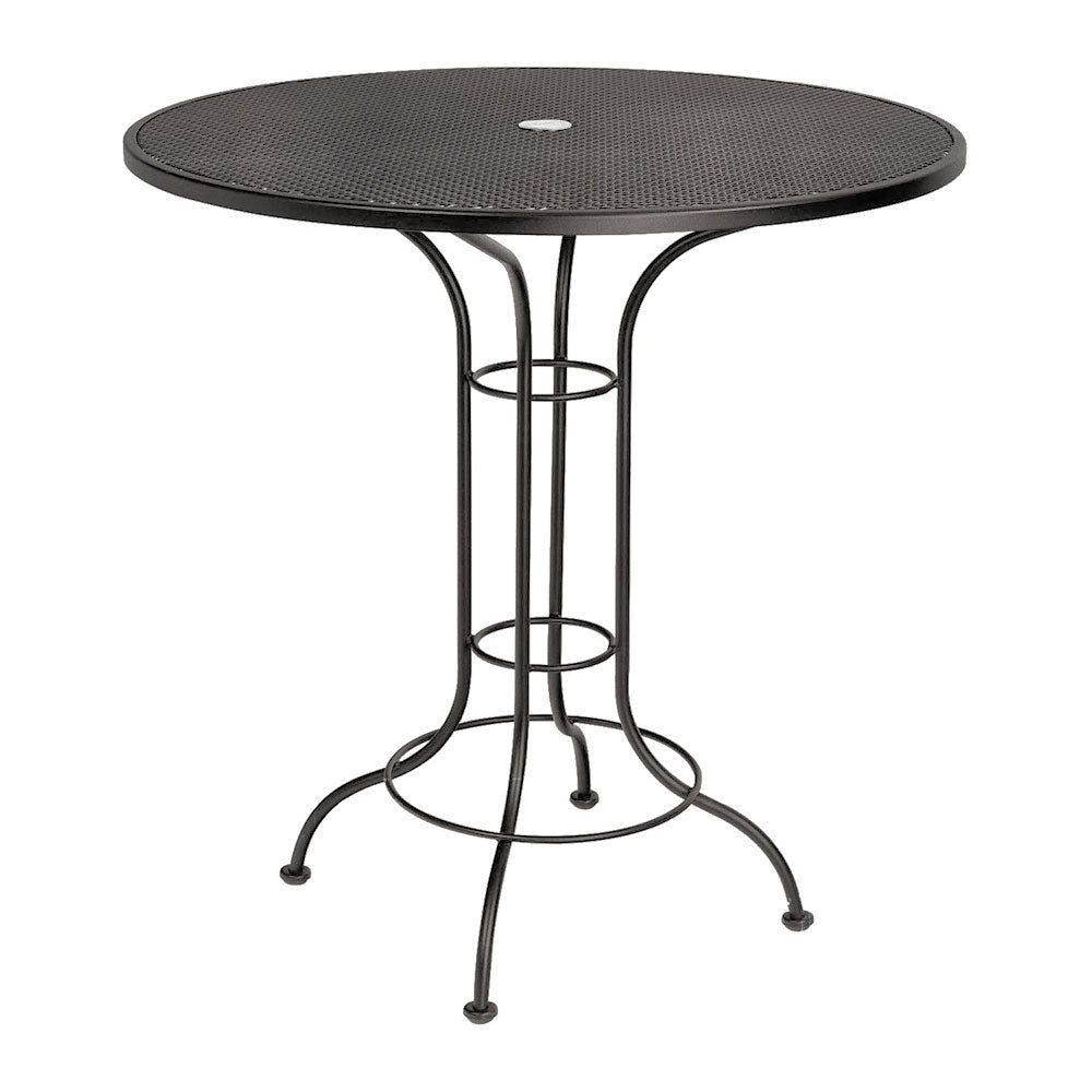 42 round patio table with umbrella hole Woodard Bar Height Outdoor Round Mesh Top Wrought Iron Bar Table; Mojave