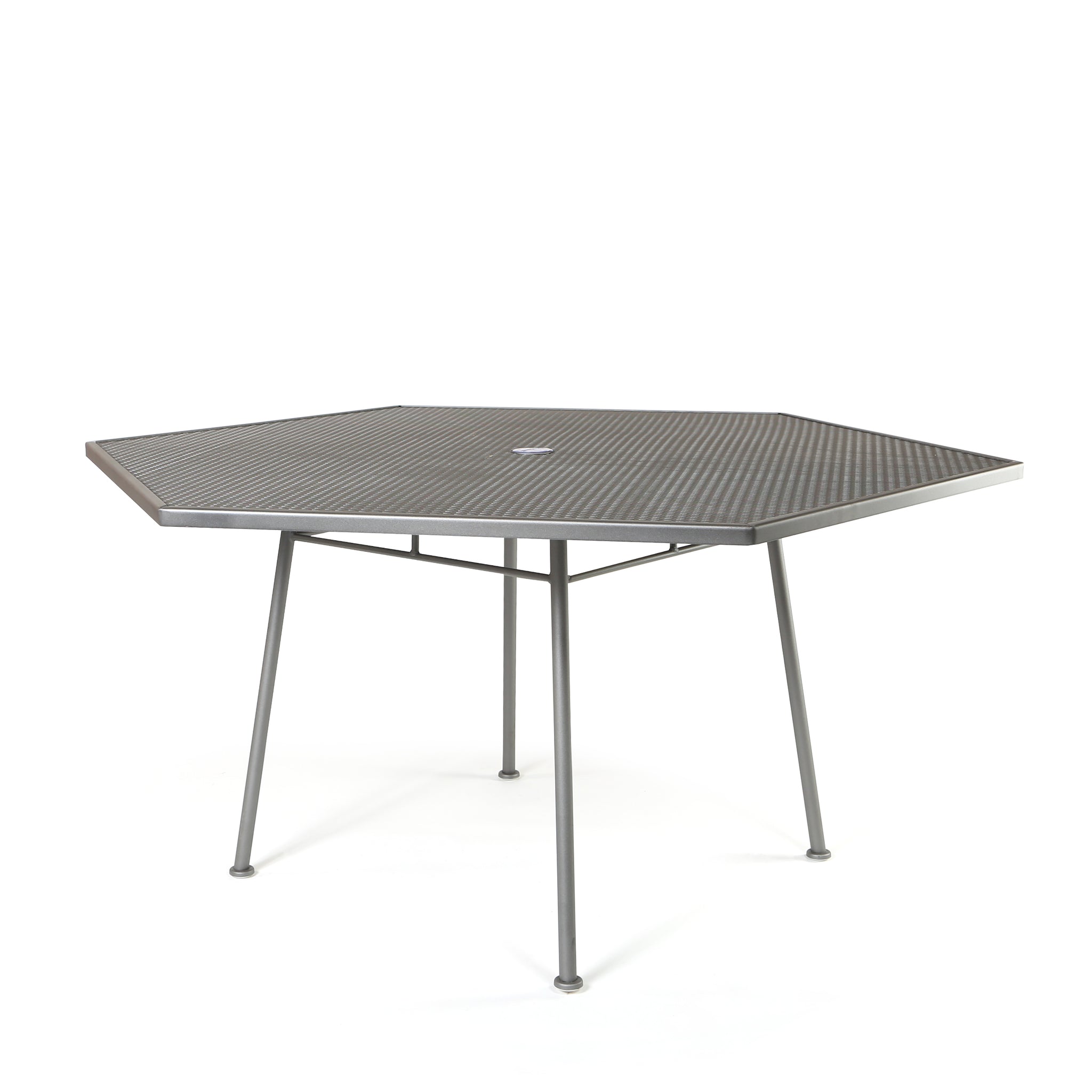 hexagon patio table with umbrella hole Mesh Top Hexagonal Dining Table by Woodard | Wrought Iron Tables