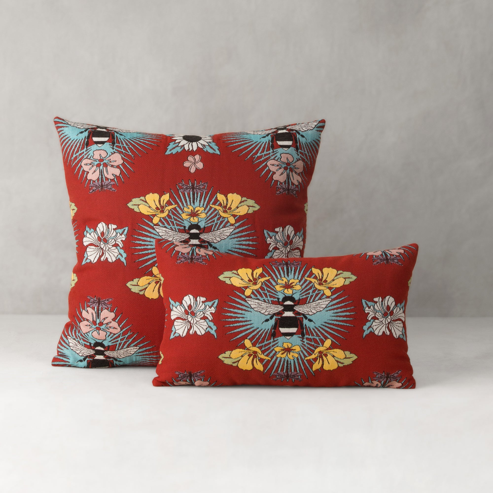 22" Square Elaine Smith Pillow  Tropical Bee Red