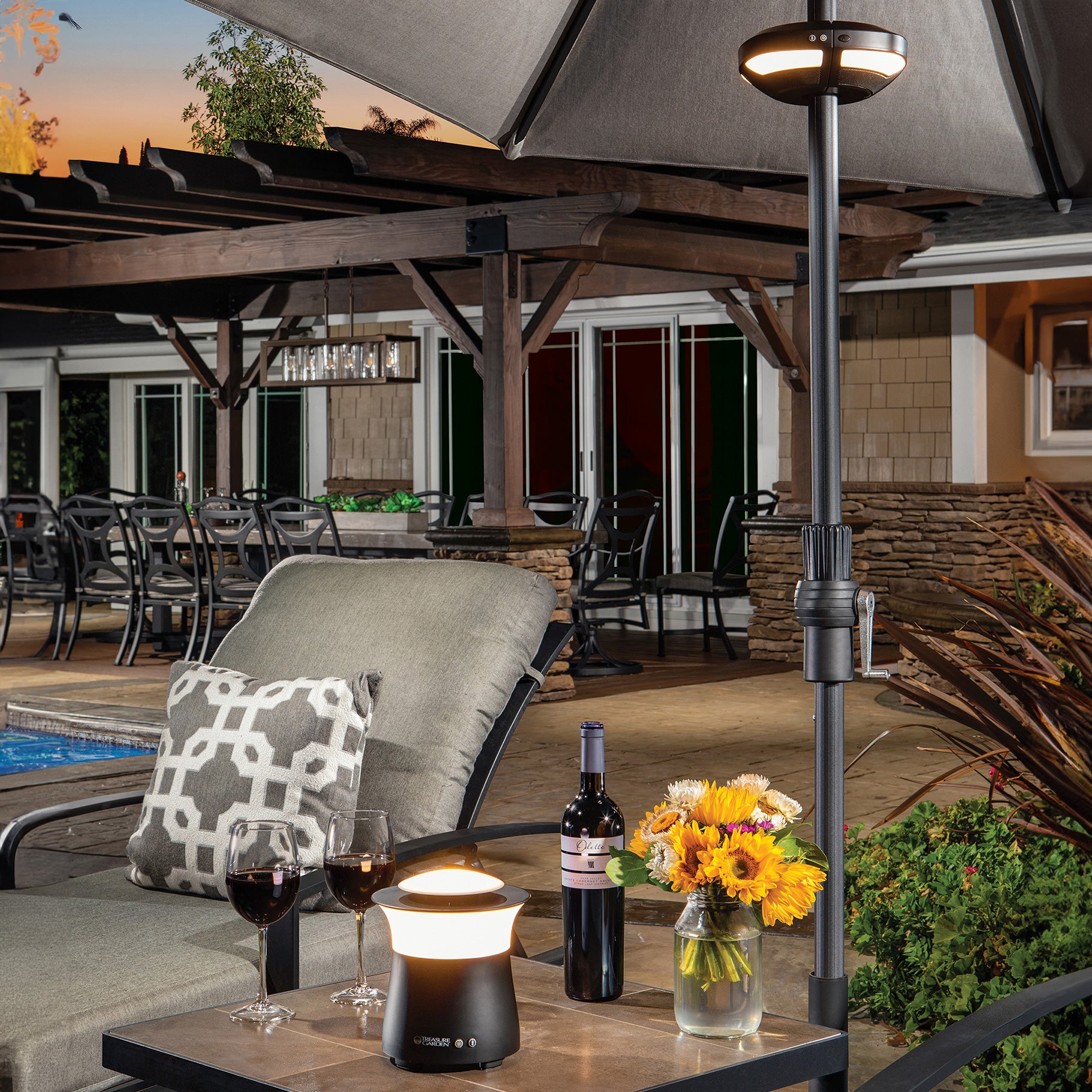 costco patio umbrella with lights Treasure Garden Evo cordless Umbrella Dual Light with built-in Bluetooth Speaker System (white)