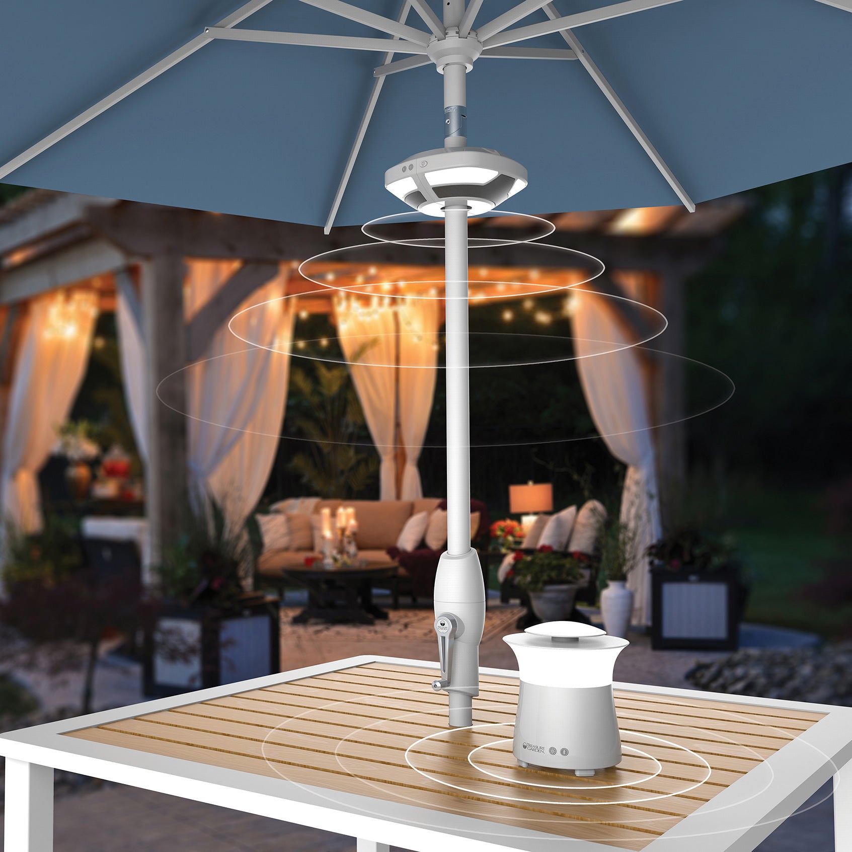 dual patio umbrella Treasure Garden Evo cordless Umbrella Dual Light with built-in Bluetooth Speaker System (white)