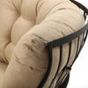 Monterra Crescent Loveseat Belgian Linen Sand Fabric Rosewood Finish Detail