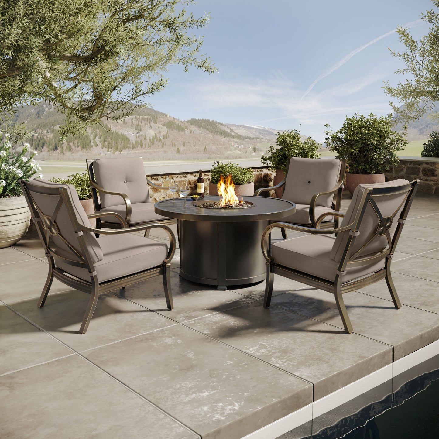 Napili 5 Piece Fire Pit Chat Set 4 Club Chairs with Bayside Taupe Cushions Environmental, image 6