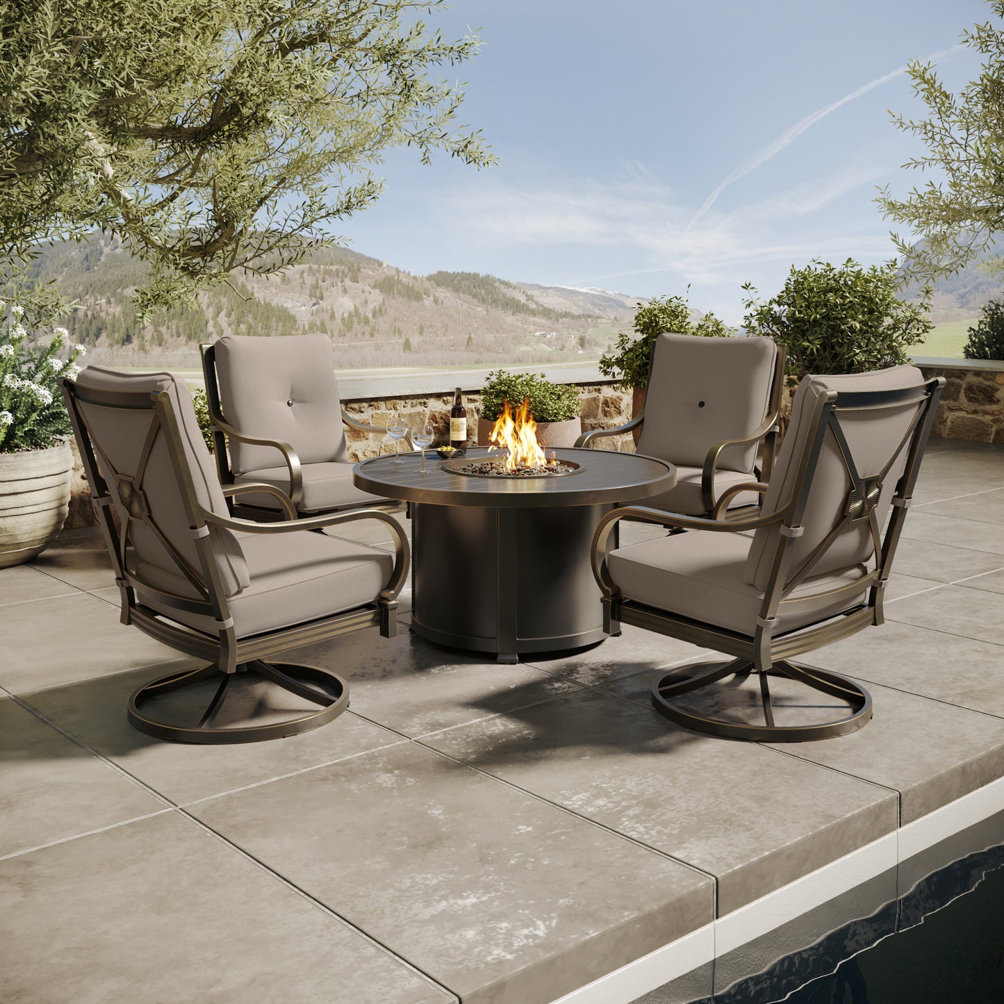 Napili 5 Piece Fire Pit Chat Set 4 High Back Swivel Rockers with Bayside Taupe Cushions Environmental, image 6