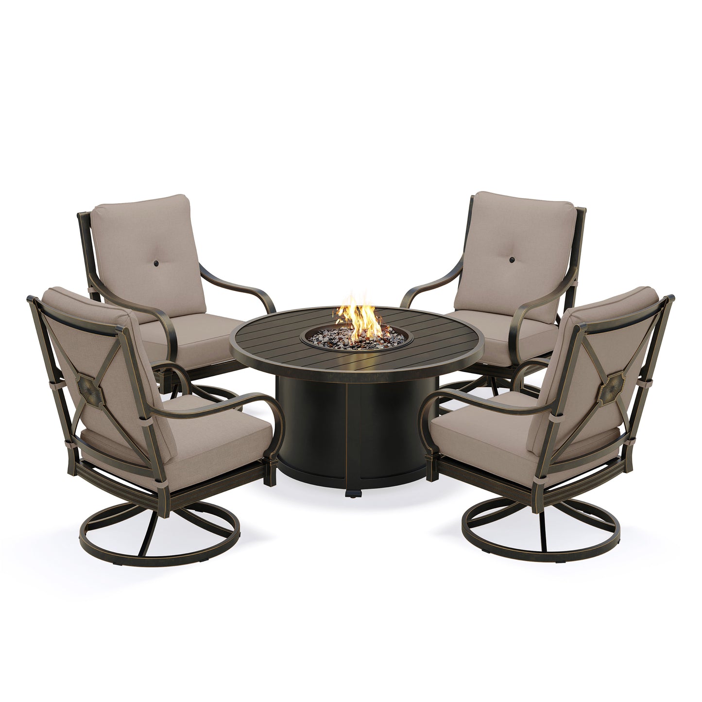 Napili 5 Piece Fire Pit Chat Set 4 High Back Swivel Rockers with Bayside Taupe Cushions, image 1