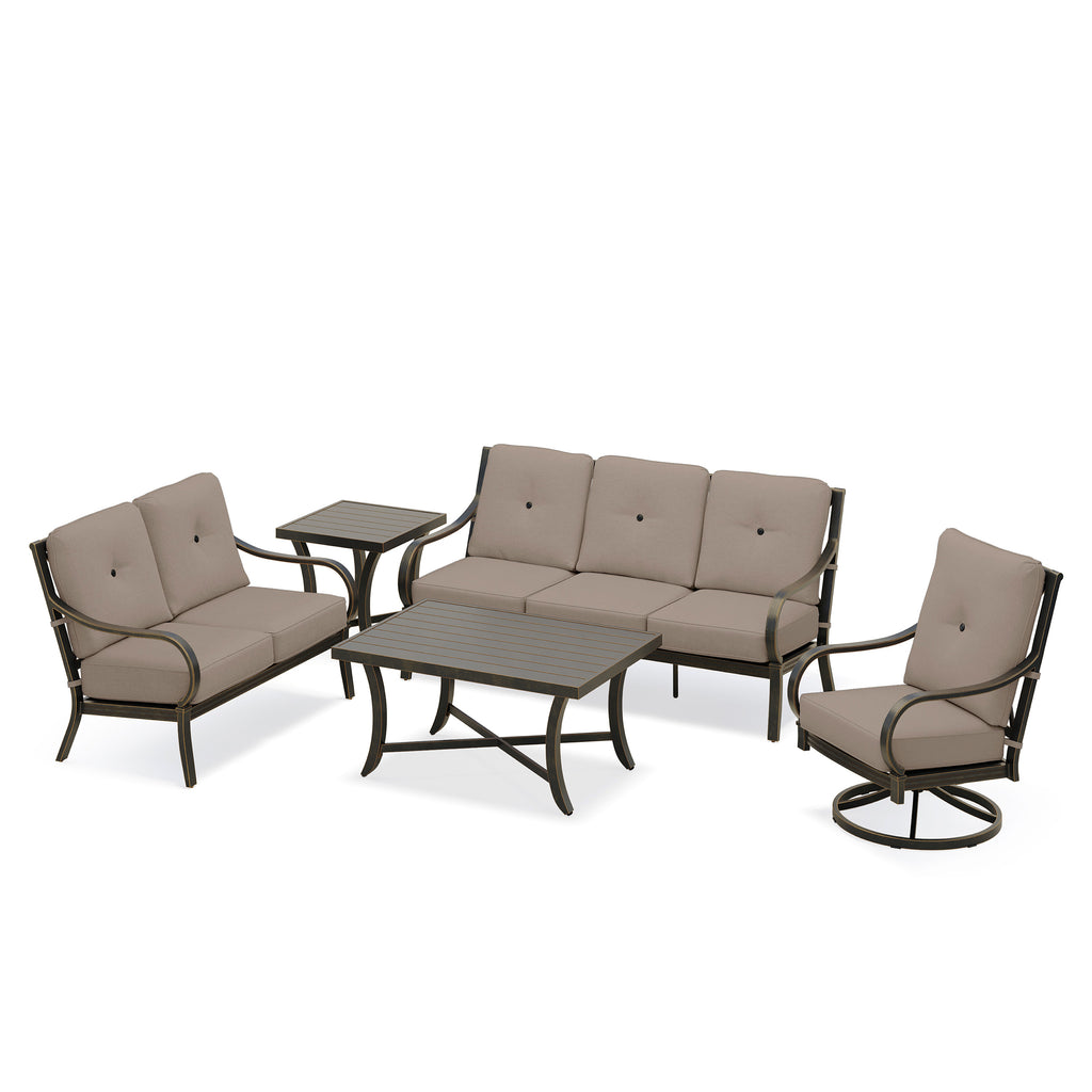 Napili 5 Piece High Back Swivel Rocker Sofa Set with Bayside Taupe Cushions