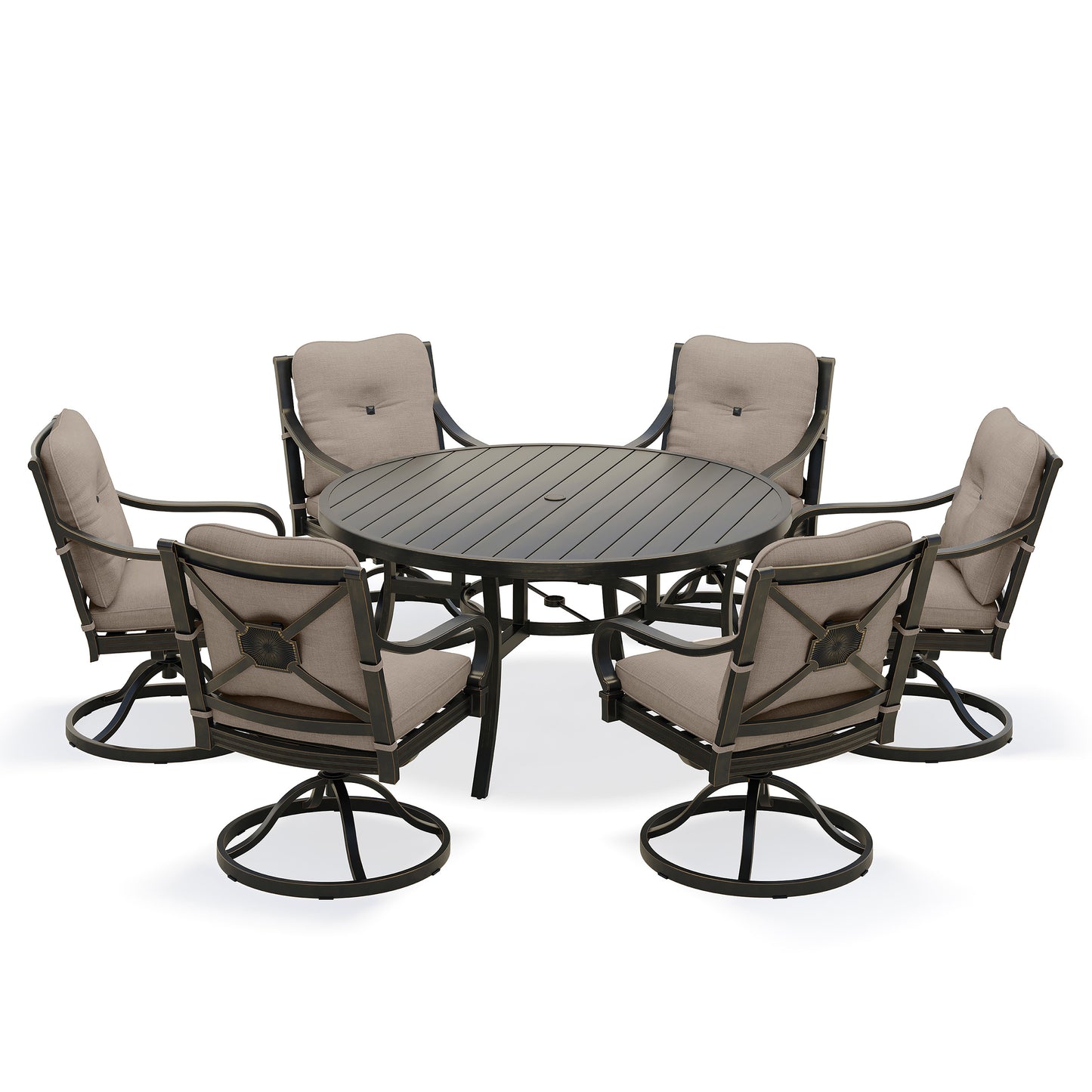 Napili 7 Piece Dining Set 6 Swivel Rockers 60 Round Table with Bayside Taupe Cushions, image 1