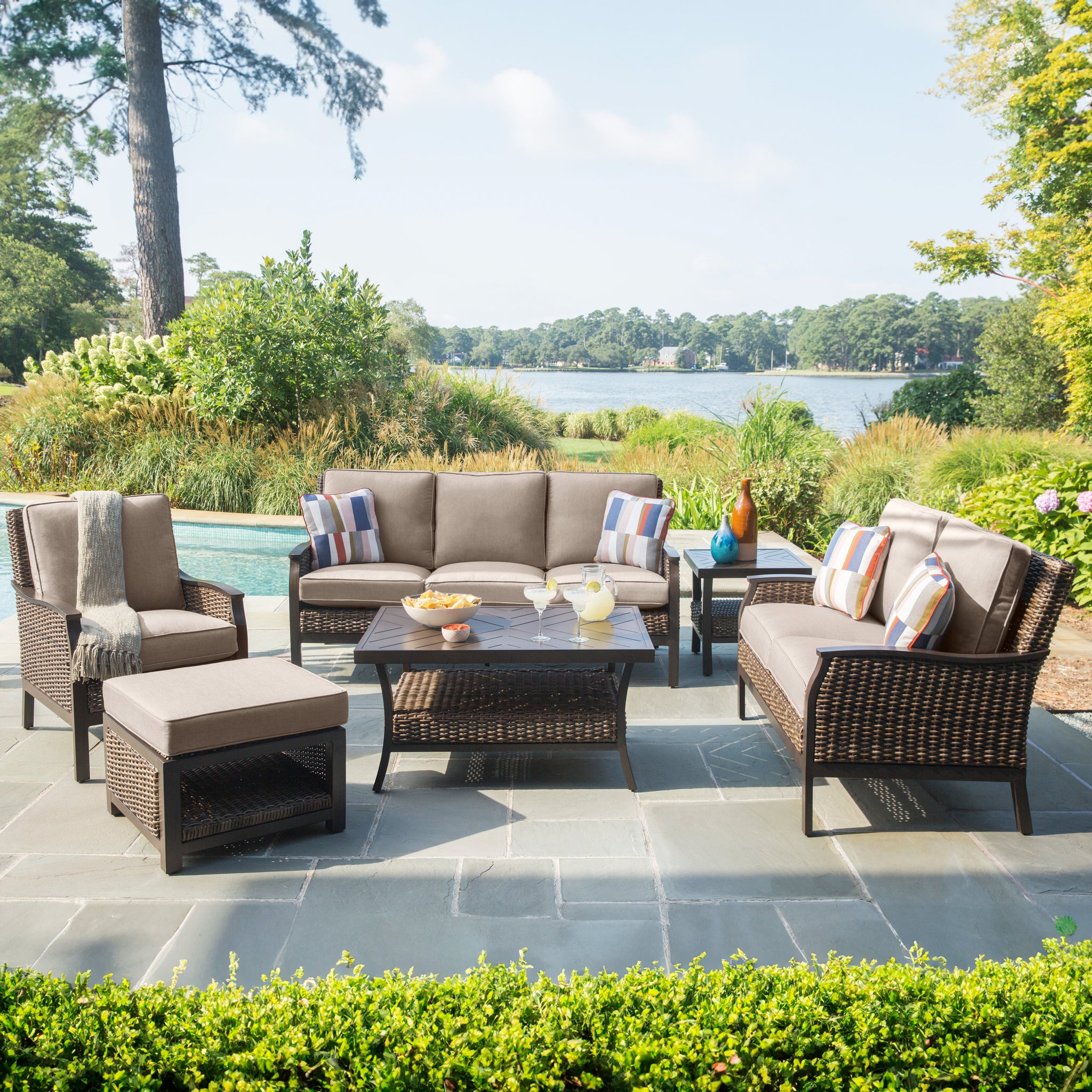 agio international patio furniture costco patio umbrella Napili 5 Piece Fire Pit Chat Set w/ 4 Club Chairs Agio Juniper 4-piece Outdoor Patio