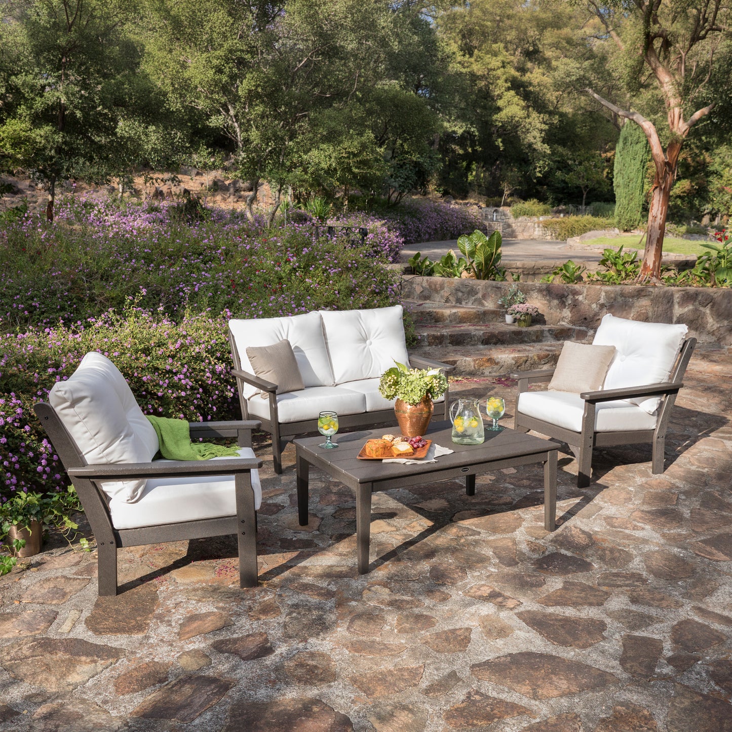 Vineyard Deep Seating Chair Vintage Coffee Frame Natural Linen Cushions Lifestyle, image 3