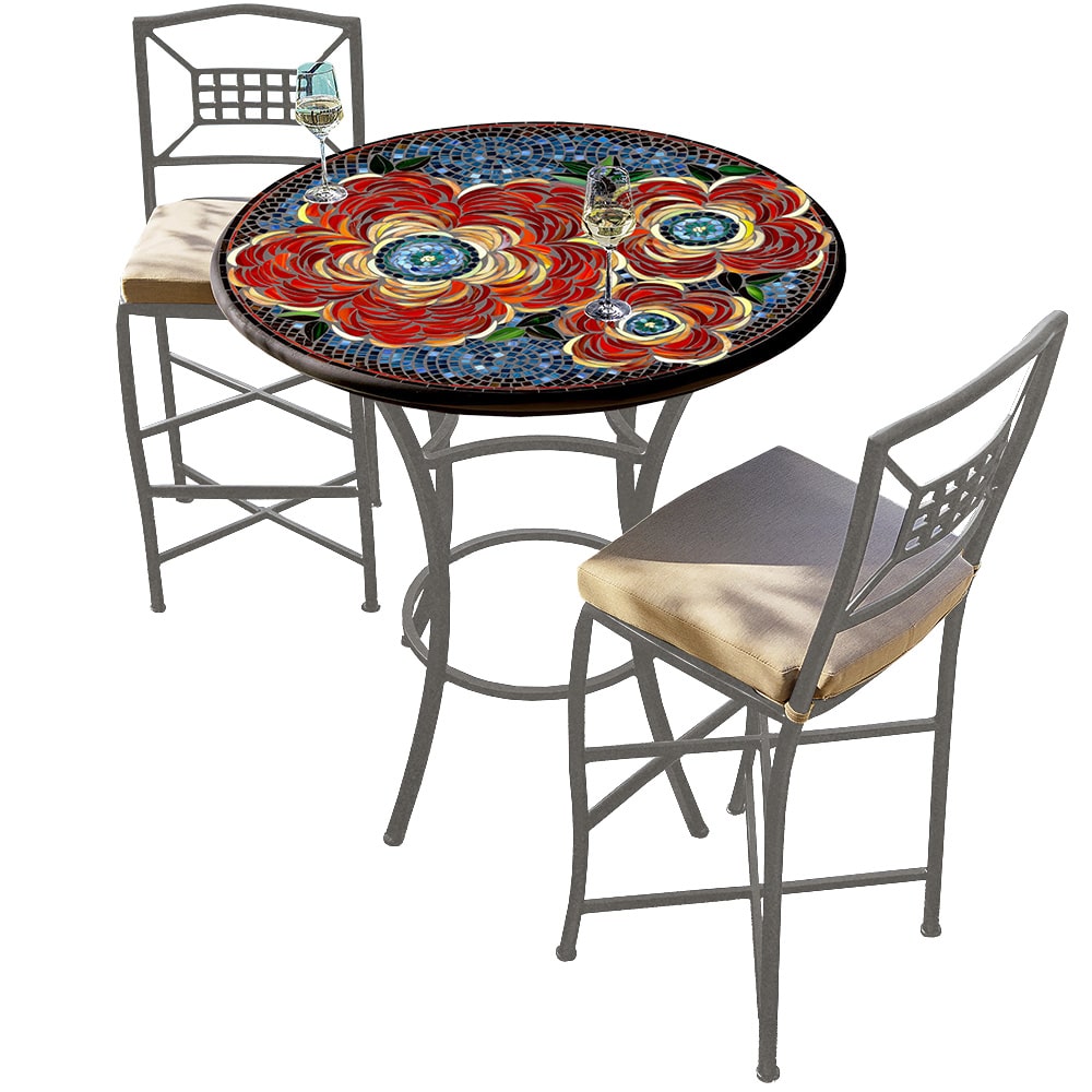 36" Round Mosaic Top Bar Height Bistro Set with Pewter Frame